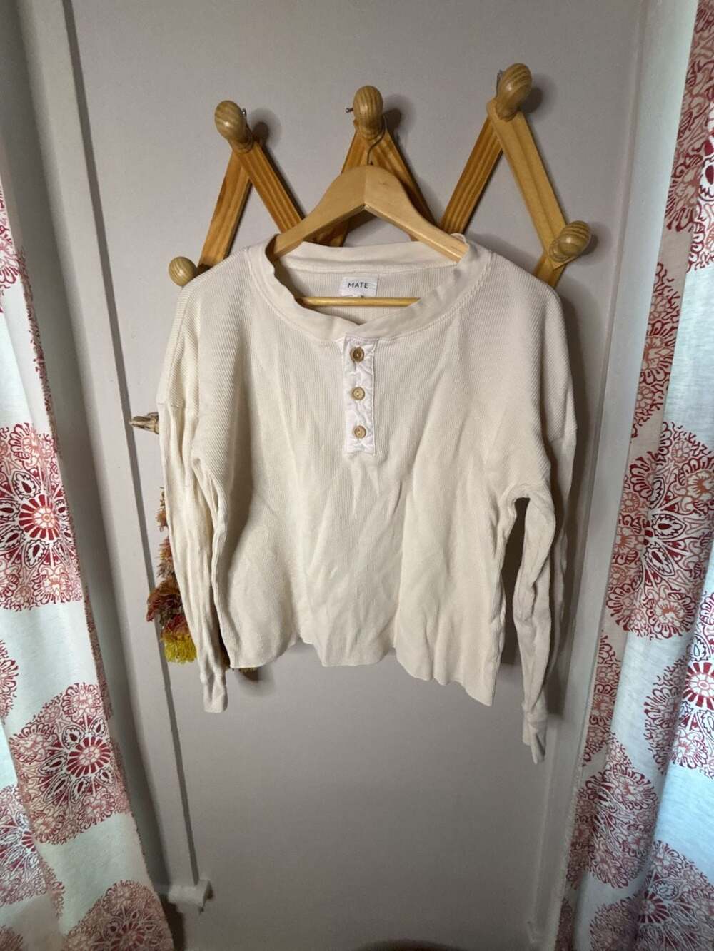 MATE the Label Organic Cotton Waffle Knit Henley Top Bone White Size S